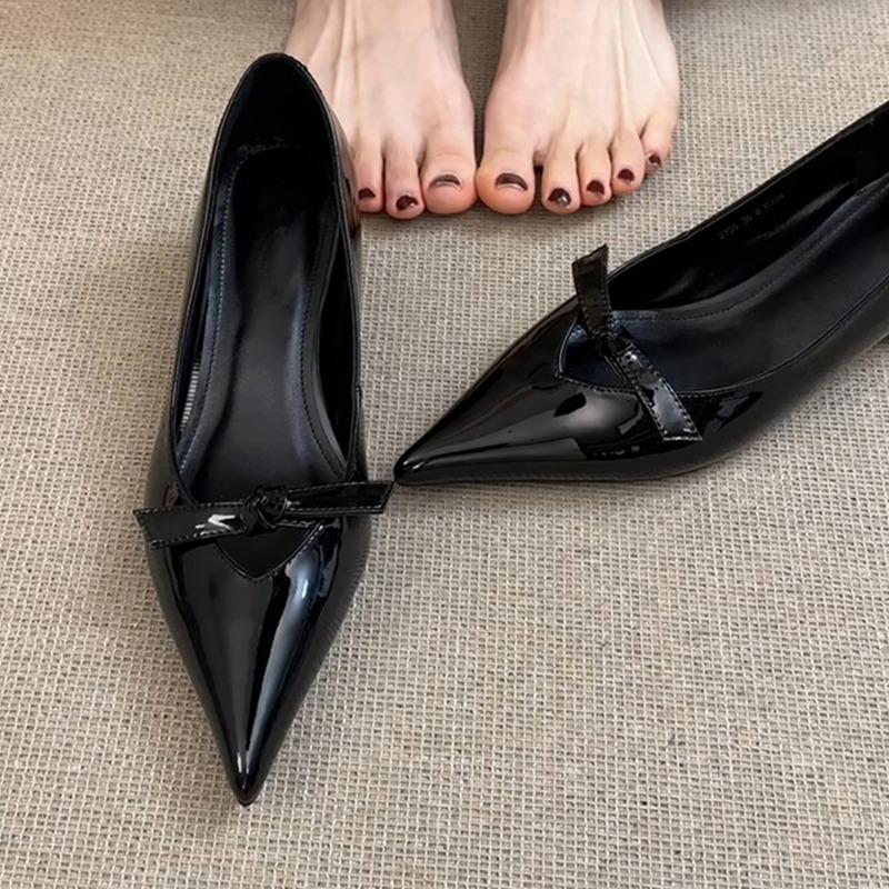 Sheepskin temperament inner height increase hollow shallow mouth single shoes women's one pedal pointed shoes bow Mary Jane shoes