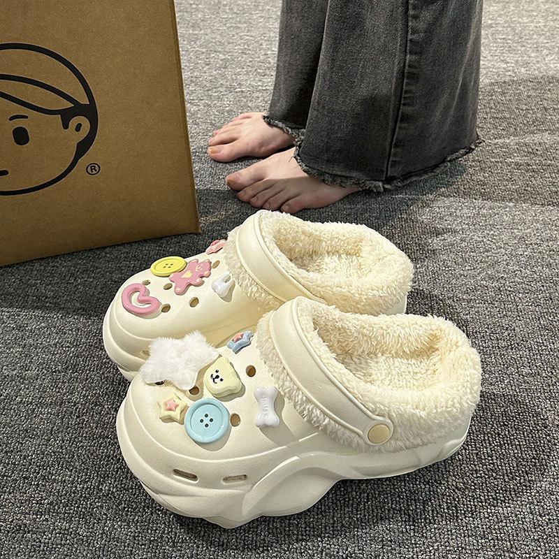 New velvet hole shoes women's winter non-slip outer wear cotton shoes heightened thick-soled home removable cotton slippers