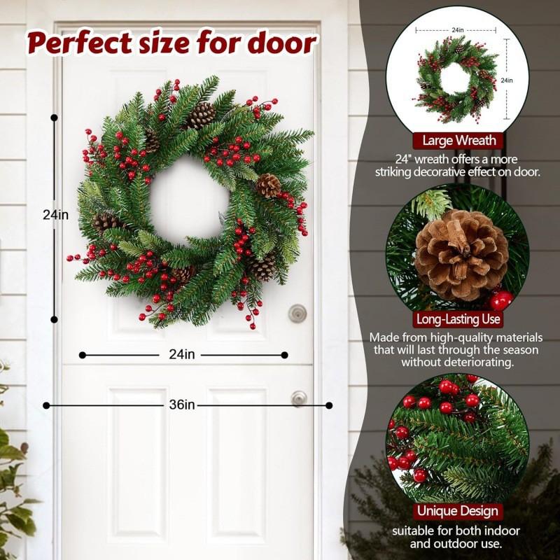 40cm Christmas Wreath With PVC Pinecones Red Berries Metal Frame Door Hanging Decor Holiday Home
