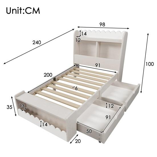 Children Bed Single Bed Storage Bed with Drawers, Shelf And Bench with Storage Space, Wooden Bed 90x200cm, Bed Frame And Slatted Frame Made of Wood,