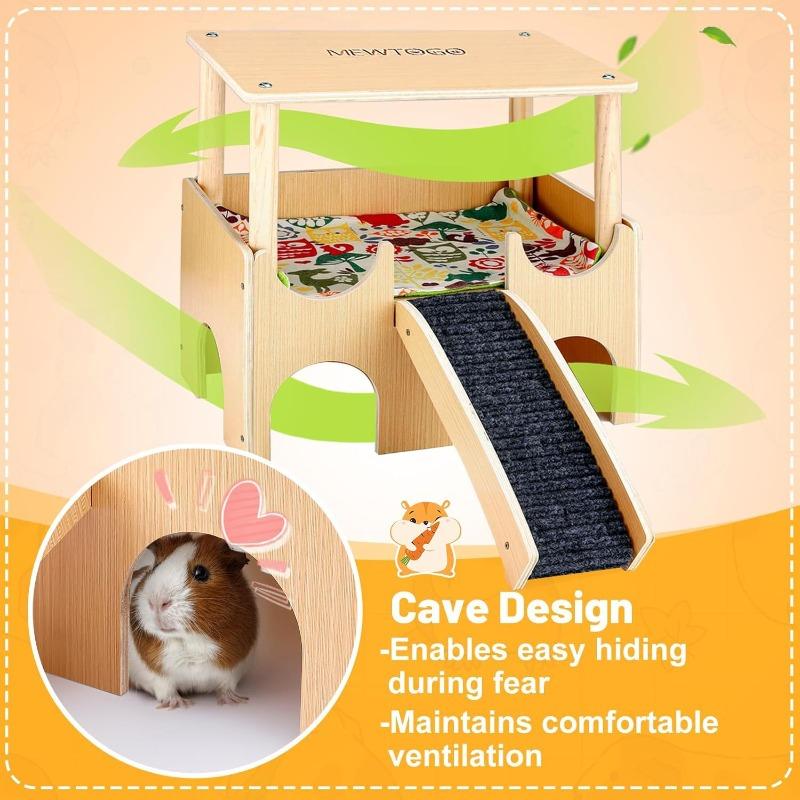 Wooden Guinea Pig Hides in The Hamster Cage Interior Landscaping Platform and Double Layer Decorative Hamster Ladder Pet Nest