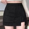 Korean Mela Brown Suede High Waist Slit Skirt - Petite Autumn/Winter