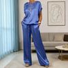 Women Summer Satin Lounge Sets Short Sleeve Crew Neck Top And Wide Leg Pants Set Casual Vacation 2 Piece Outfits