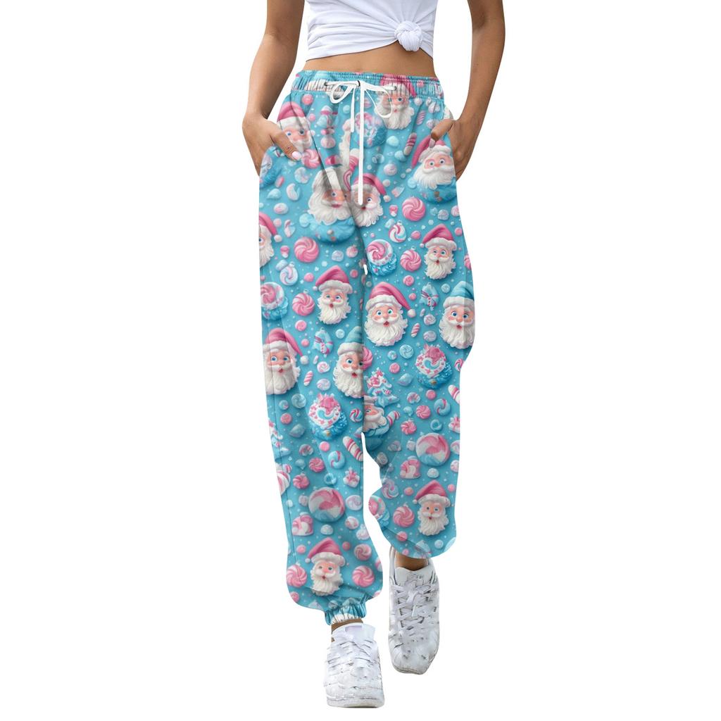 Pantalones deportivos casuales de moda para mujer con estampado navideño, cintura con cordón y puños en los tobillos