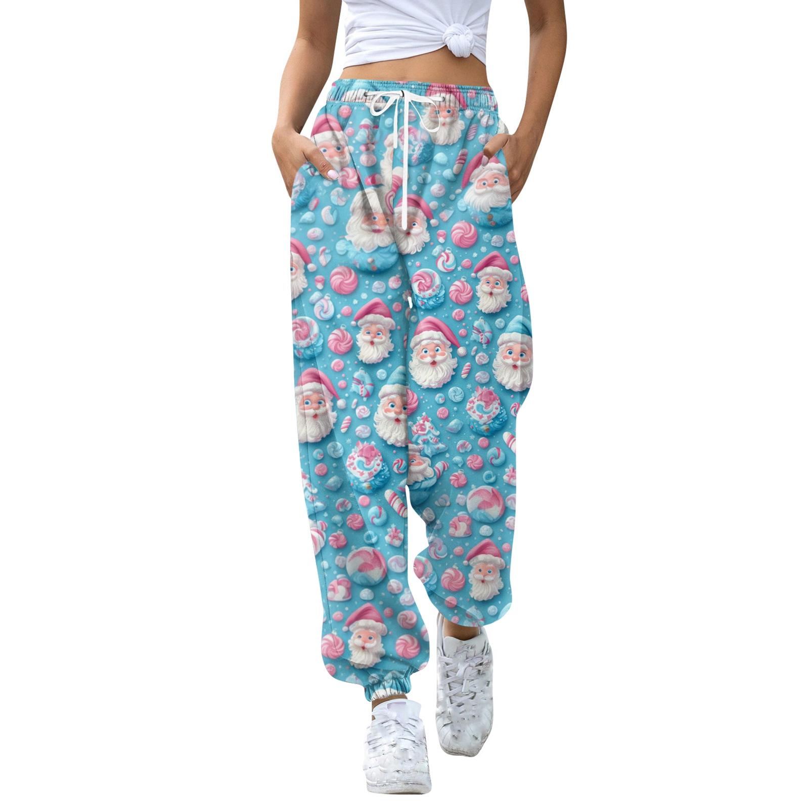 

Женские повседневные модные спортивные штаны с рождественским принтом, кулиской на поясе и манжетами на штанинах S небесно-голубой