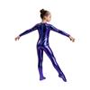 Long Sleeve Front Zip Metallic Footed Bodysuit for Girls Shiny Unitard Jumpsuit Stage Performance Dance Competition
