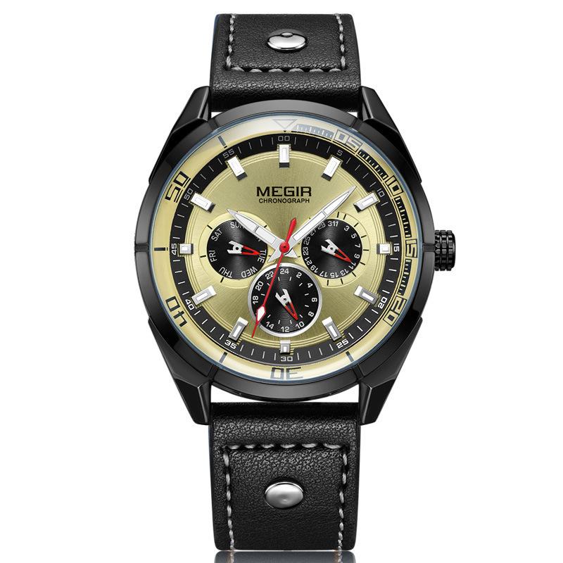 Genuine Calendar Watch, Week Leather Men'S Watch Large Dial Quartz Watch 2072