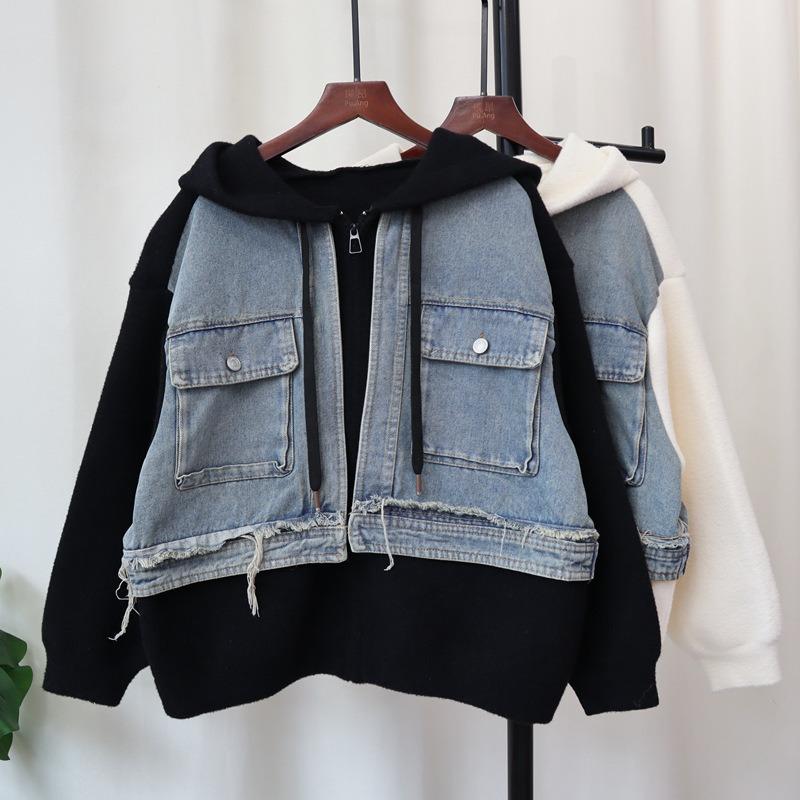 Premium hooded zipper denim splicing knitted double-sided woolen cardigan autumn new loose sweater jacket women