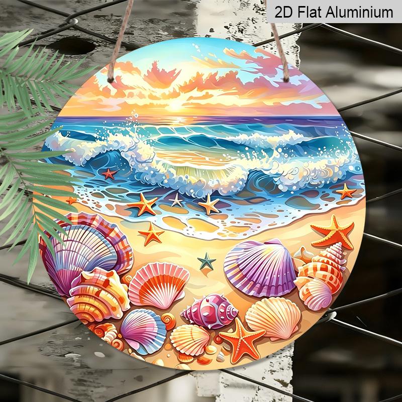2D Flat, 1pc Round Aluminum Wall Art Plaque - Starfish and Seashell Coastal Decor, Vibrant Wave Patterns, Weather-Resistant Indoor/Outdoor Home or