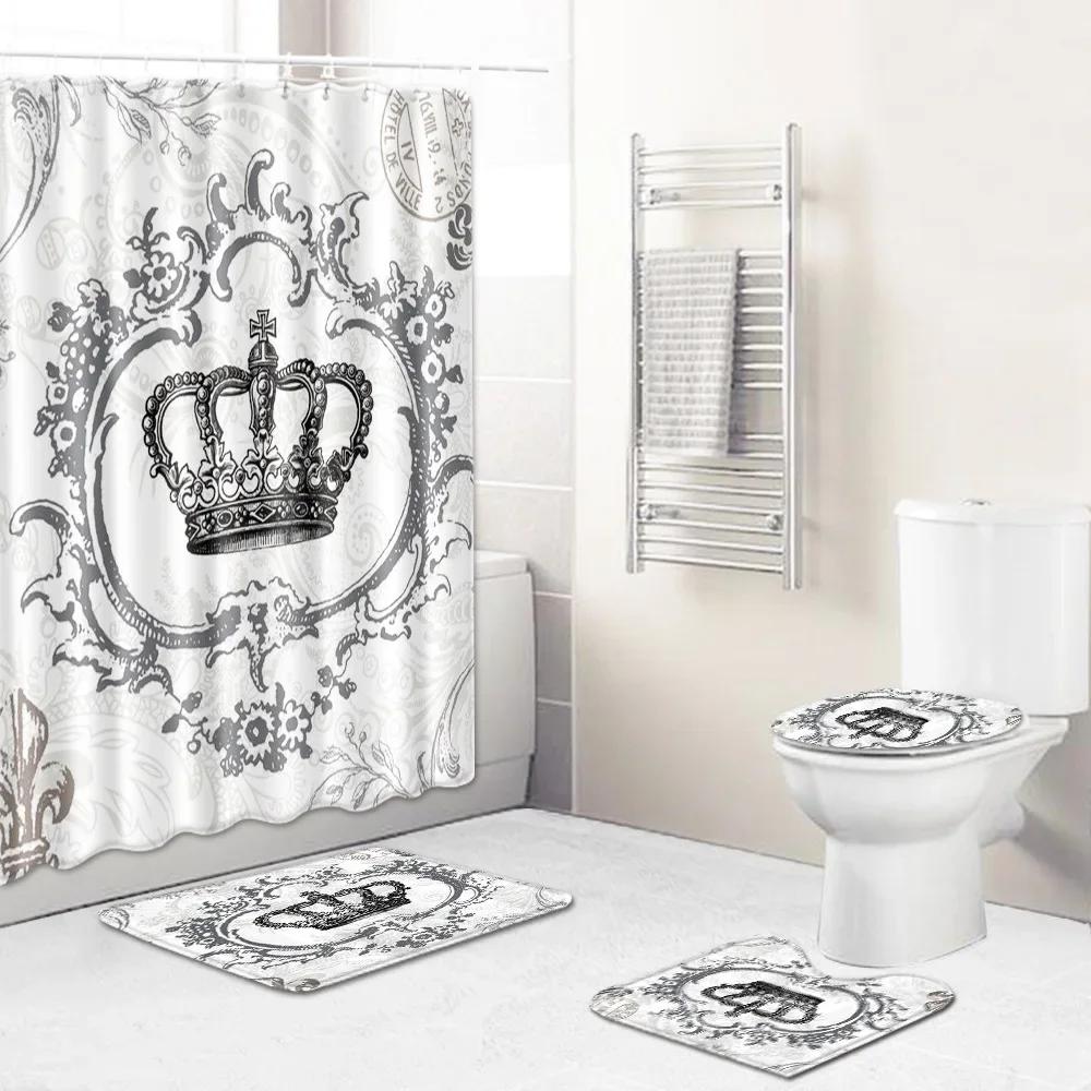 Home Waterproof Print Shower Curtain 4 Piece Carpet Cover Toilet Cover Bath Mat Pad Set Bathroom Curtain Bathroom Decoration