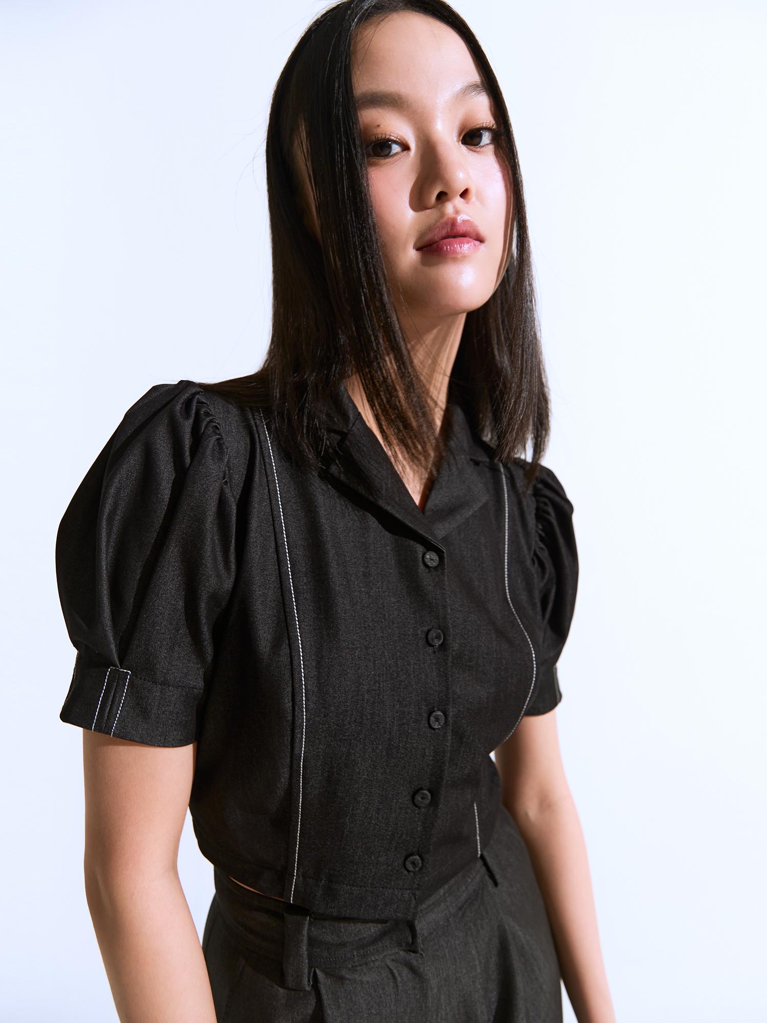 Yugadang Crop Puff Blouse Charcoal Gray/M