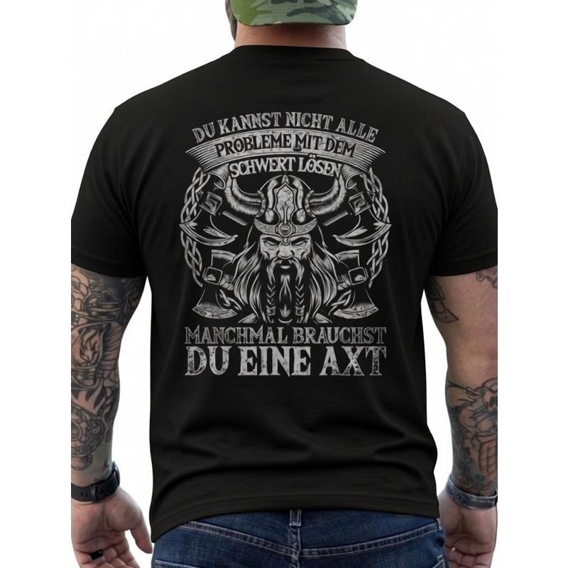 Men's Viking Norse Mythology T-Shirt | Back Print Viking Horned Helmet & German Text - Heavy Metal Inspired Graphic Tee - Soft Breathable
