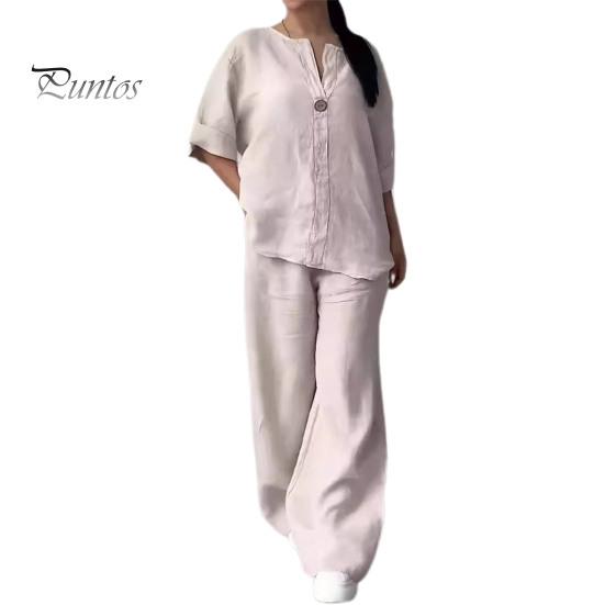 2 Pcs/Set Blouse Pants Set V Neck Long Sleeves Button Decor Top Wide Leg Loose Drawstring Elastic Waist Trousers OL Commute Casual Homewear Outfit