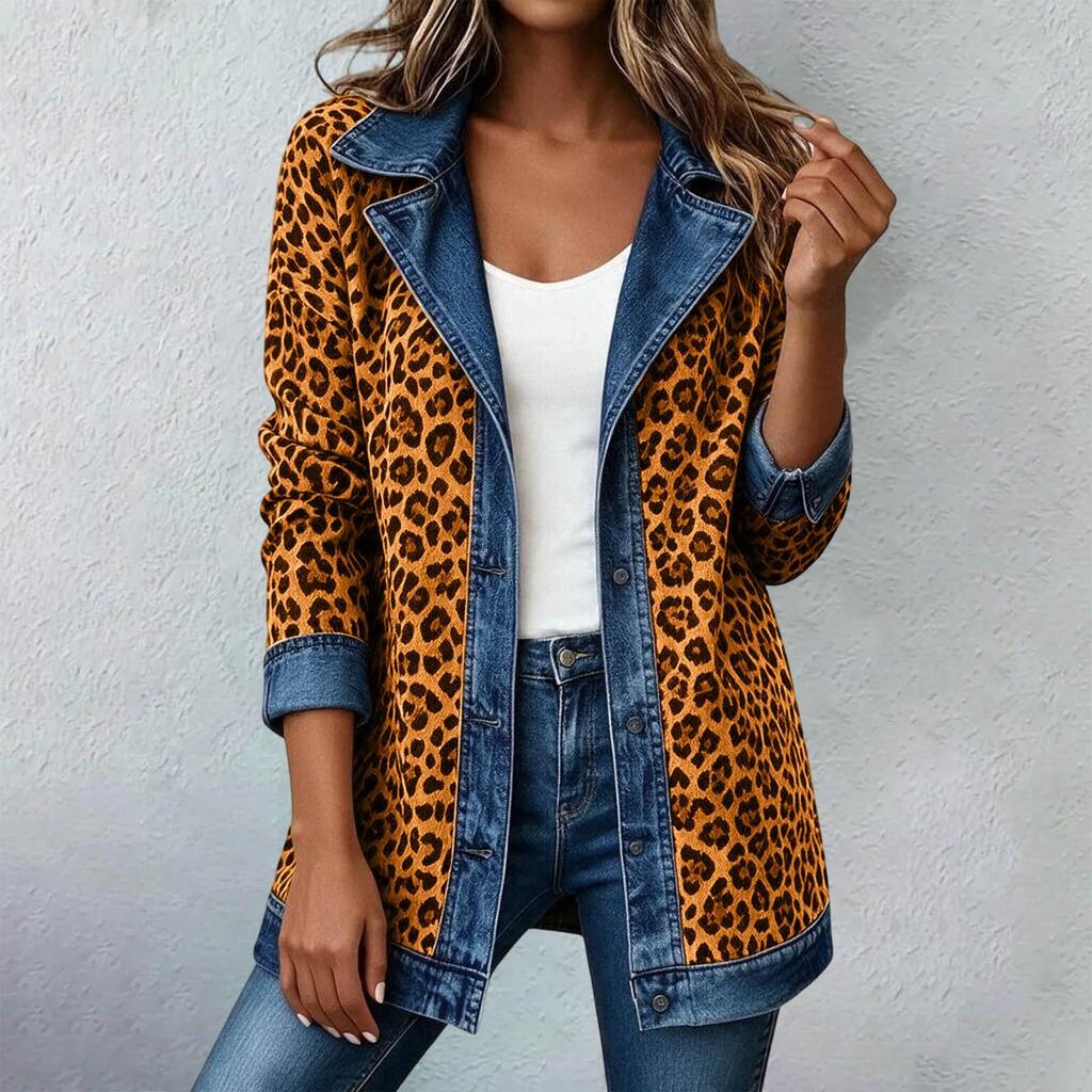 Women's Casual Real Denim Jacket with Leopard Print Patchwork Design for Daily Wear