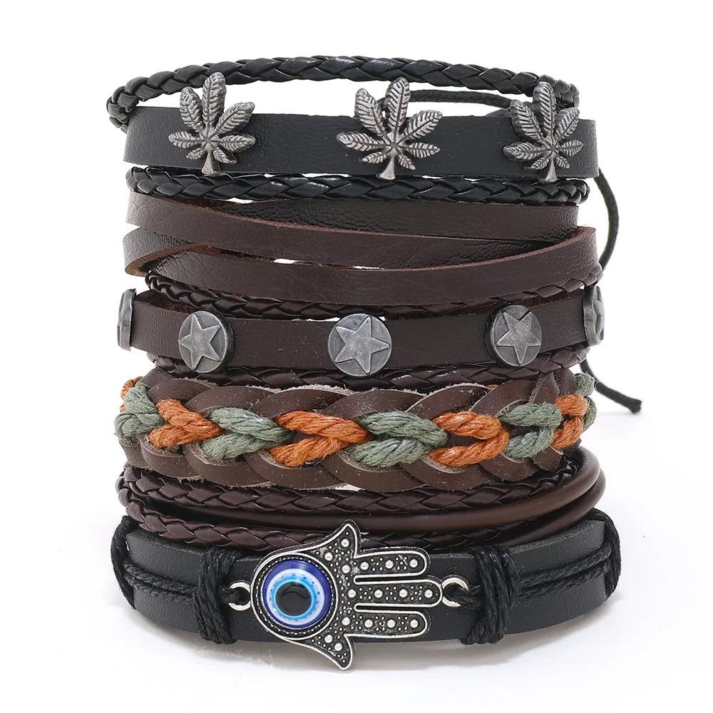 1 Mode-Armband Wikinger-Armband Für Männer Handgelenk-Armbänder Geflochtenes Totenkopf-Hand-Schmuckstück Verstellbares Leder-Set-Armband Für Leder