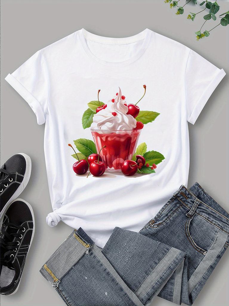 Women's Casual Short Sleeve Crew Neck T-Shirt Cherry and Ice Cream Cartoon Print Soft Casual Wear Summer Fashion Fun Design Y2K