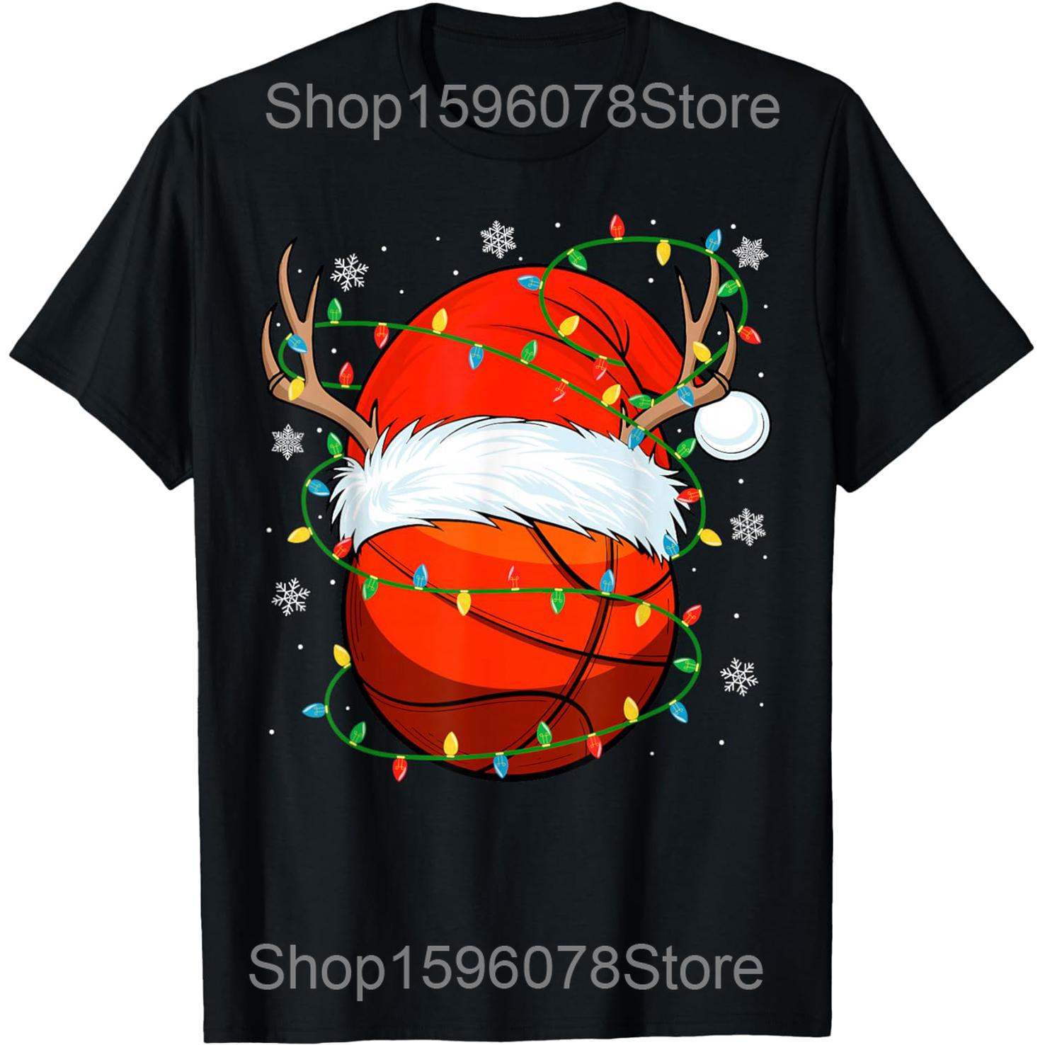 

Basketball Ball Xmas Lights Christmas T Shirts Men Cotton Humor Streetwear Tee Shirt Short Sleeve Unisex Loose Clothing S