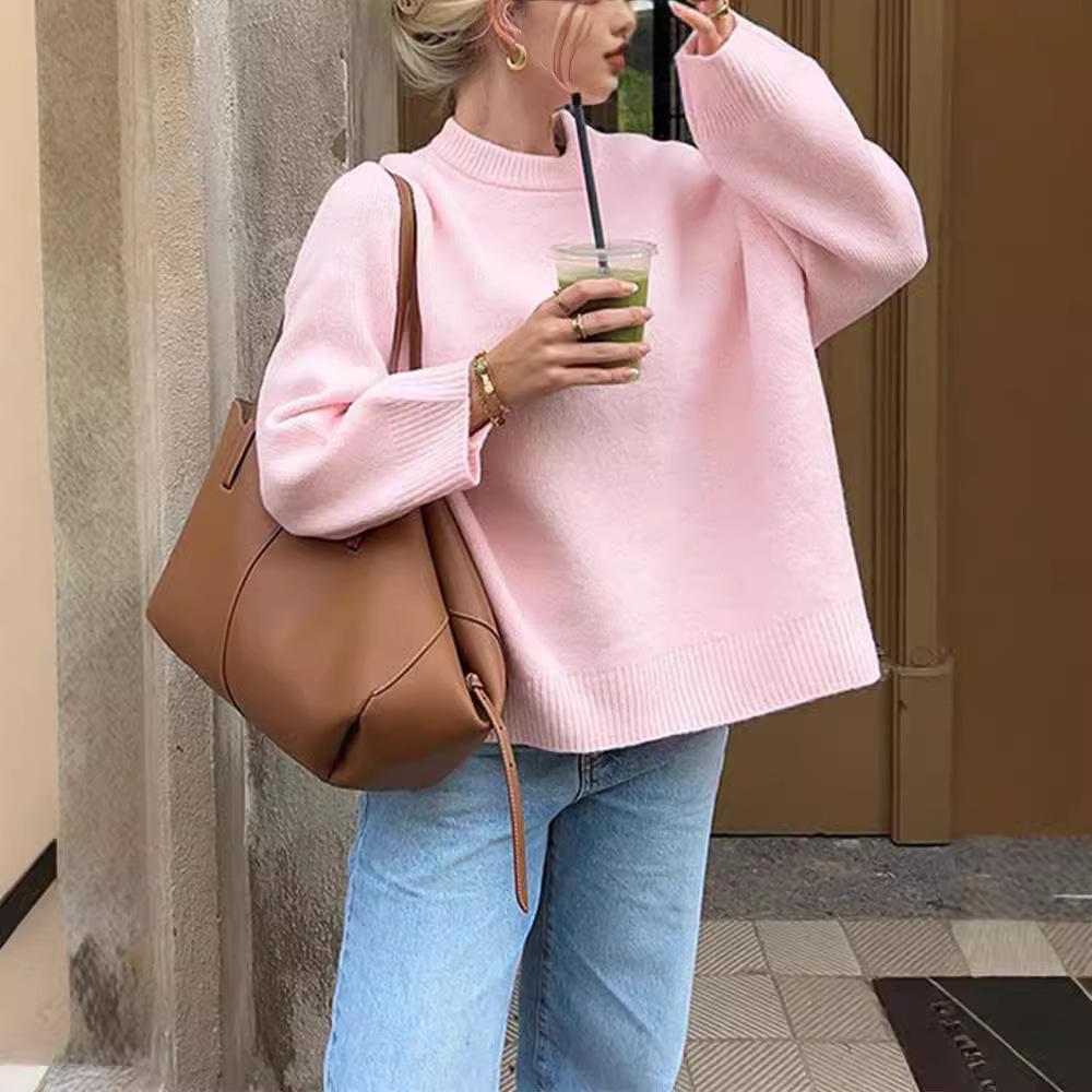 2024 Pink Sweet Round Neck Pullover Sweater - European & American Winter Style