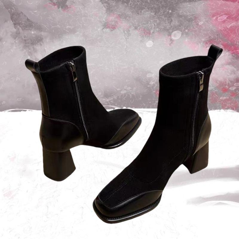 

Толстые короткие ботильоны на высоком каблуке Осень Зима Новые Популярные Замшевые ботильоны с квадратным носком для женщин Черные Коричневые Эластичные ботильоны на каблуке 42 чёрный