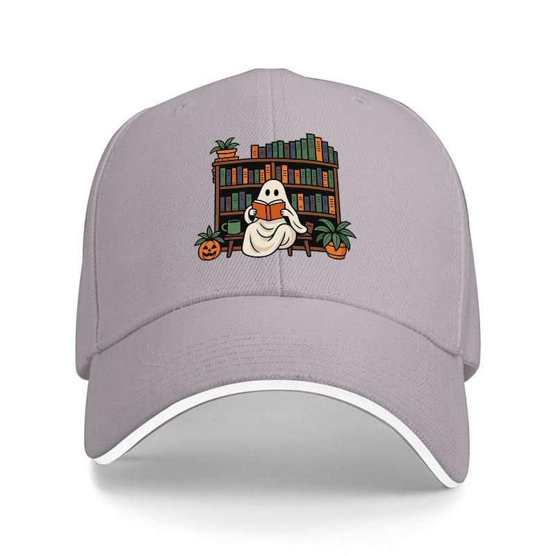Ghost Reading In Library Bookshelf Halloween Theme Baseball Cap with Pumpkin and Plant Design Black Adjustable Hat for Adults