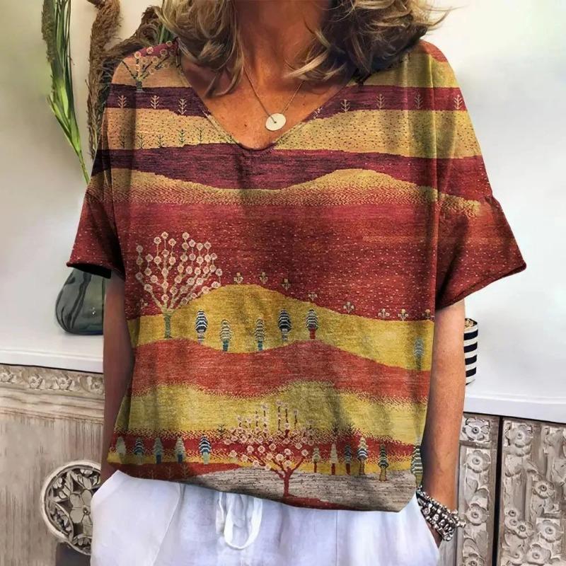 Sommer Kariertes V-Ausschnitt T-Shirt für Damen Lässiges Sweatshirt Neue T-Shirts Harajuku Kleidung Locker Kurzarm Bluse Mode Damenoberteile