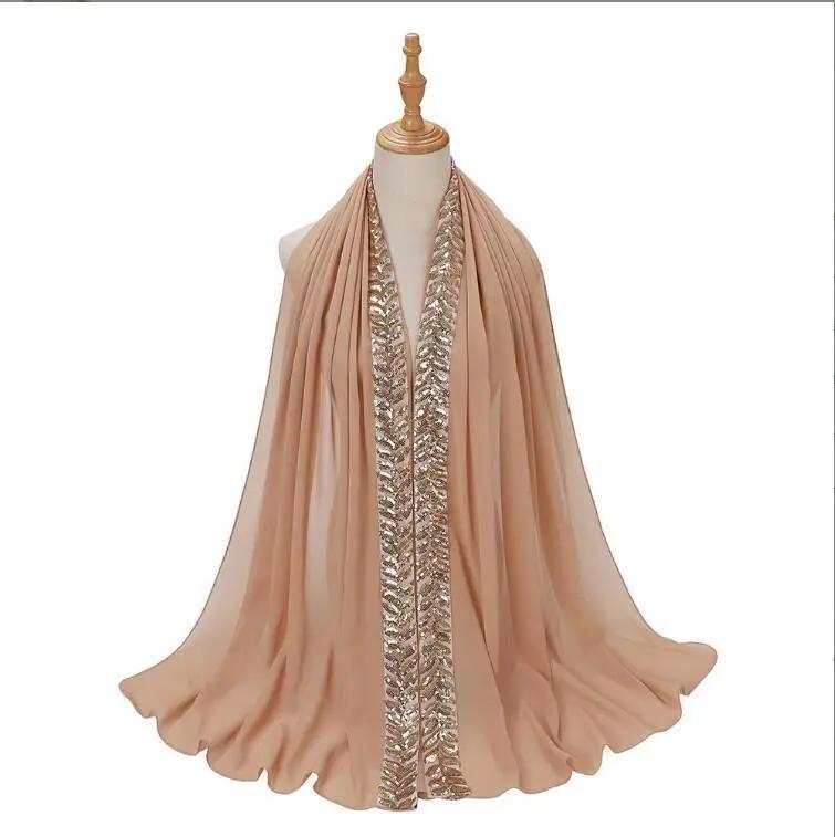 High Quality Pearls Chiffon Scarf Muslim Women Sequins Hijab Headwrap Arab Plain Turban Shawls Hair Accessories 175*70cm