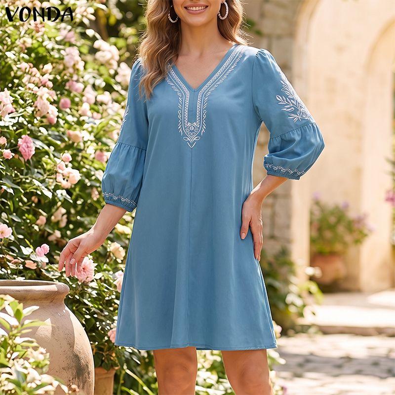 VONDA S-5XL Summer Women V Neck 3/4 Sleeve Print Elegnat Casual Loose Dress