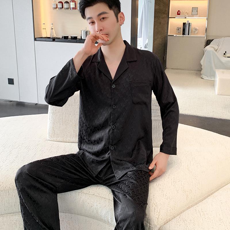 

Men s Long Sleeve Jacquard Ice Silk Pajamas - Spring/Autumn, Luxurious Feel, Versatile for Home or Outdoor Wear, Simple and Loose Fit. Double Extra Large
