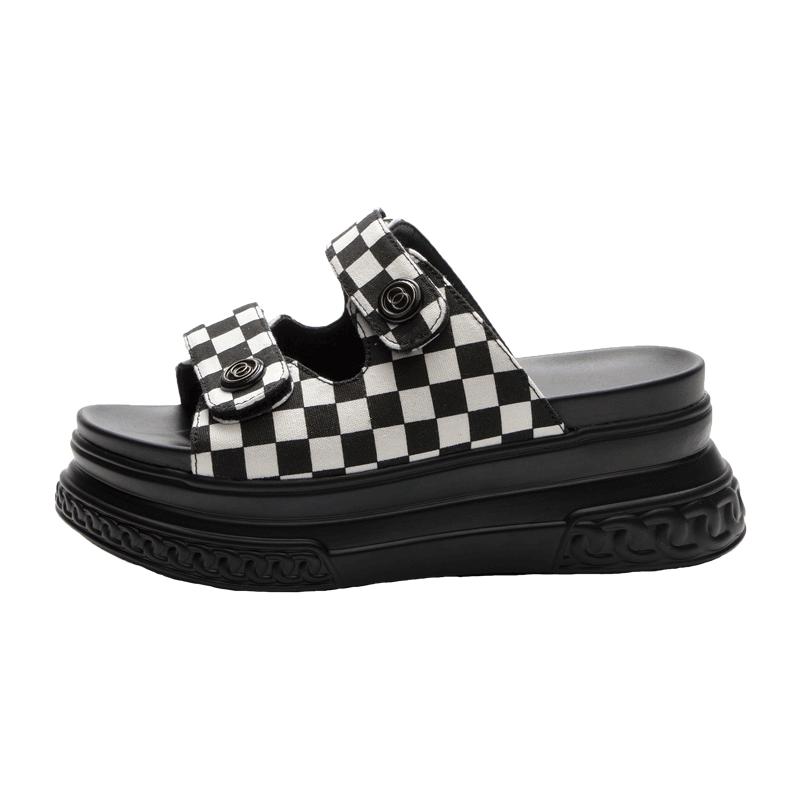 Heelless Cool Slippers Women's New Products In Summer 2025, Platform Muffin Sandals, Fashionable Versatile Checkerboard Sandals Women