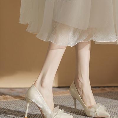 New Korean Version with Skirt Versatile Wedding High Heels Lady Elegant Beaded Stiletto Bridesmaid Shoes