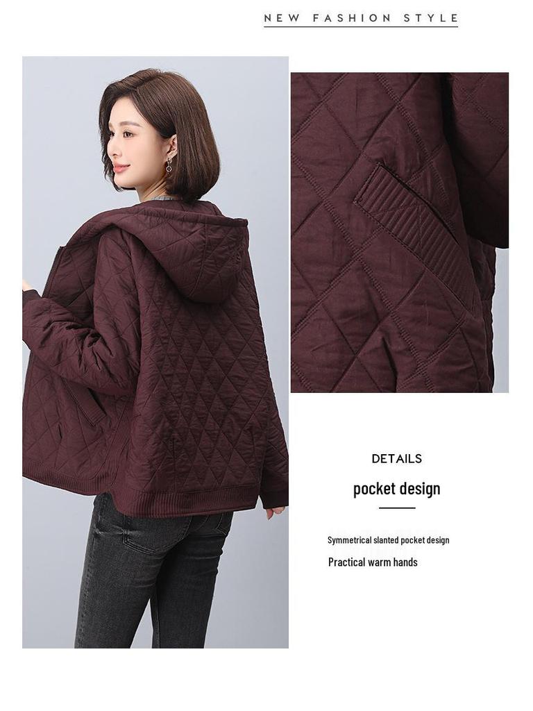 Palton de bumbac cu glugă pentru femei de vârstă mijlocie - Jachetă nouă 2024 călduroasă și ușoară cu croială largă pentru toamnă și iarnă