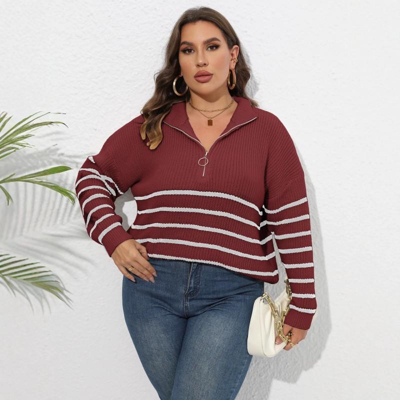 2026 Fall Winter Striped Knit Sweater Half Zip Mock Neck Loose Fit Casual Pullover Women