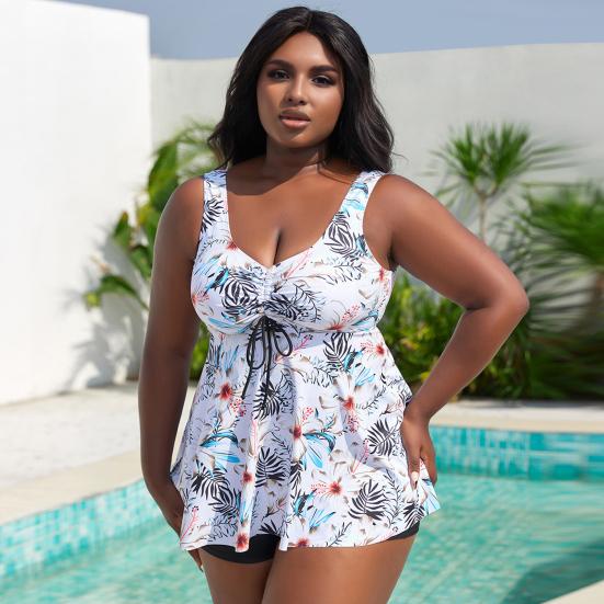 2Pcs/Set Women Tankini Set Deep V-Neck Drawstring Flowy Hem Tops High Waist Swimming