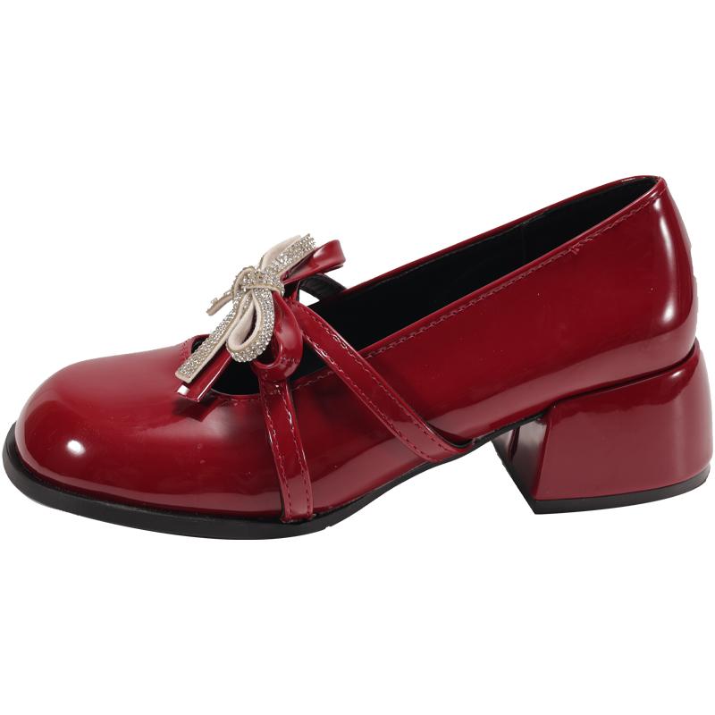 Block Heel Mary Jane Single Shoes Women's Round Toe Shallow Slip Rhinestone Bow Slip Anti-Slip Wear-Resistant High Heels