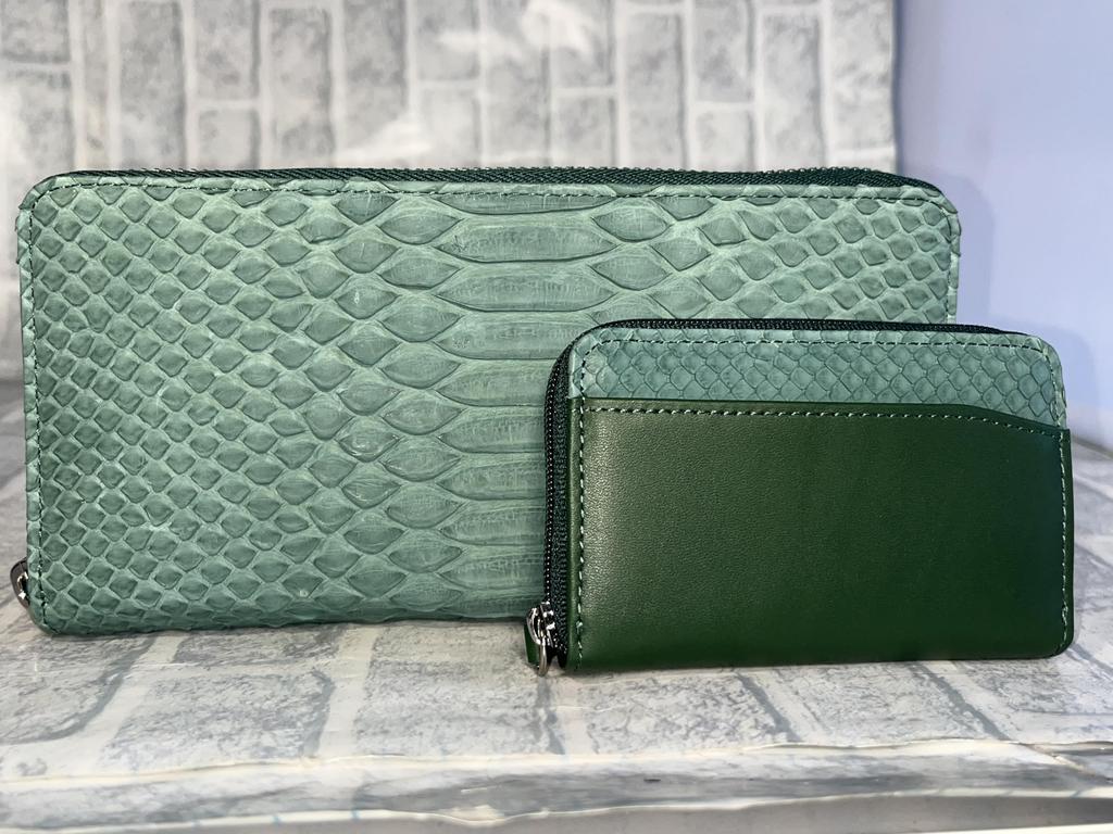 GUODI Genuine Python Leather Matte Finish Long Wallet with Zip-Around Design and Card Case, TK-AB20LW3 (Cyprus Green), Unisex Snakeskin WalletPurse