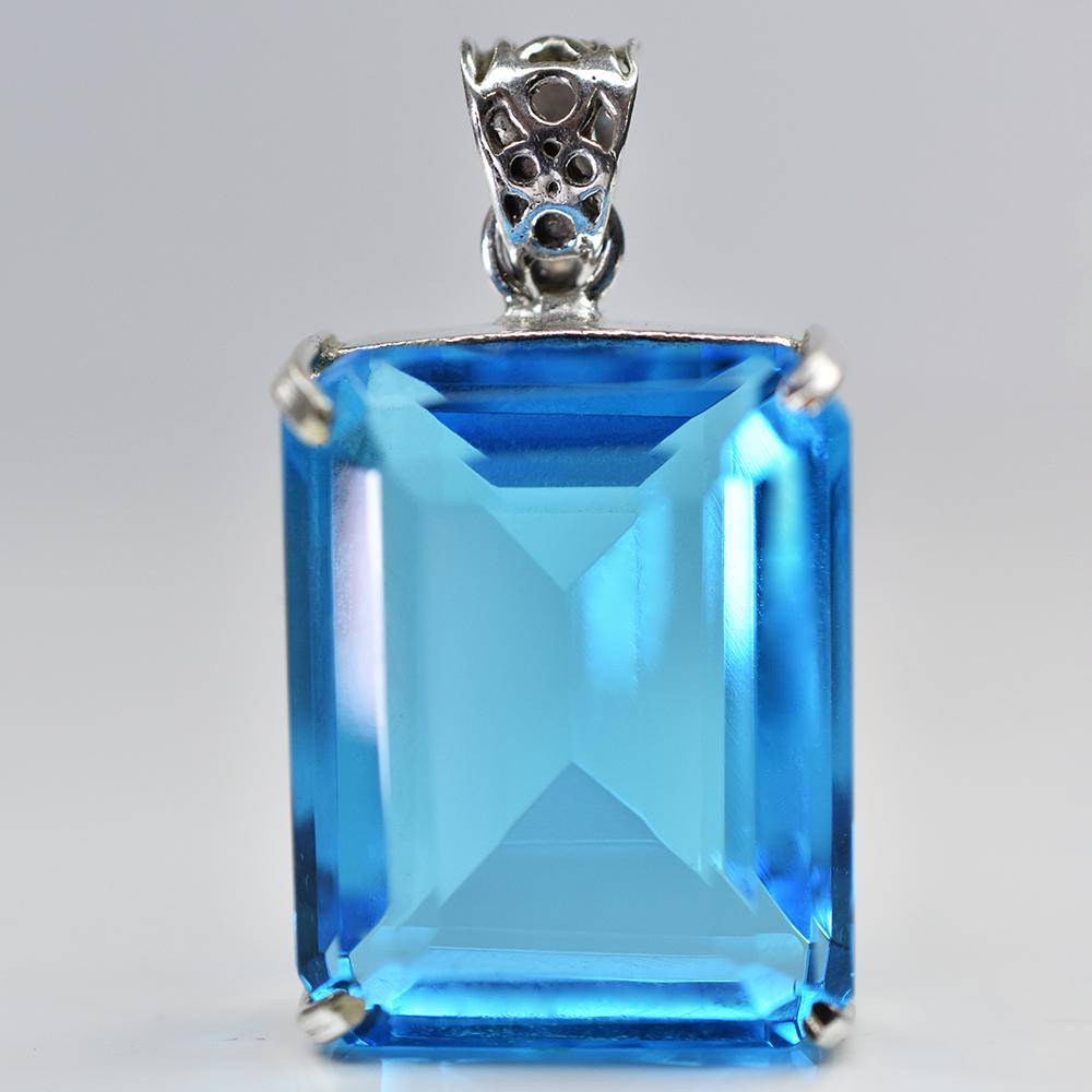 Natural Blue Topaz 91 Ct Emerald Cut 925 Sterling Silver Pendant