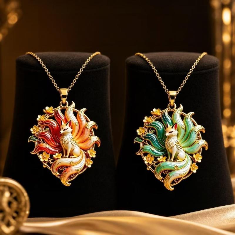 Chinese Style Nine-Tailed Fox Enamel Pendant Necklace Creative Mythology Design Fashion Jewelry For Women Thanksgiving Gift