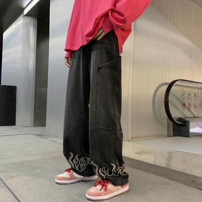 Blugi casual pentru bărbați, model cu flacără, buzunare mari, pantaloni lungi, drepte, cu picior lat, pantaloni din denim, învechiți.