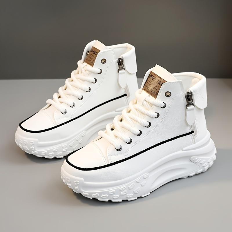 Women's Trendy Platform Sneakers, Lace Up & Side Zipper High Top Skate Shoes, Comfortable Heightening Sports Shoes Plus Size