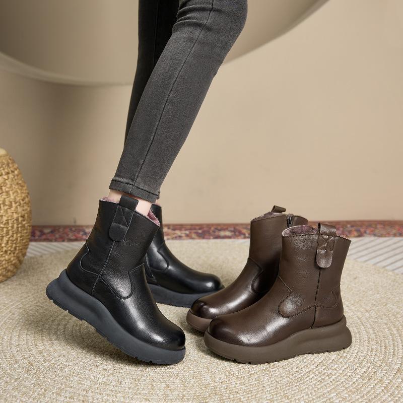 2025 autumn and winter new mother shoes round head side zipper platform short boots Martin boots women's wedge heel cotton boots factory