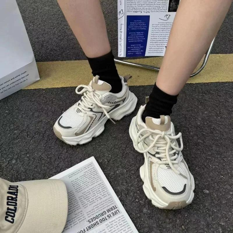 Size 34-40 Women Sneakers Leather Mesh High Heels For Women Casual Lace Up Shoes Fashion Platform Shoes Trend