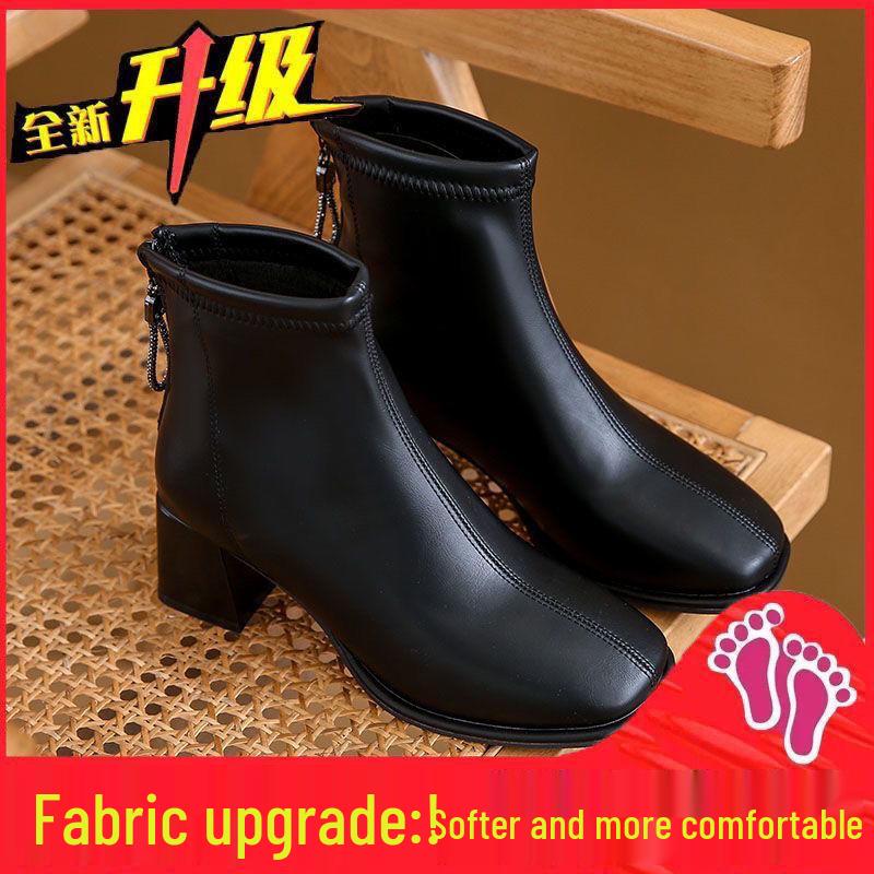 

Жіночі черевики на високих підборах до щиколотки з натуральної шкіри в корейському стилі з оксамитом, квадратним носком і сексуальною блискавкою - видання осінь/зима 2025 37