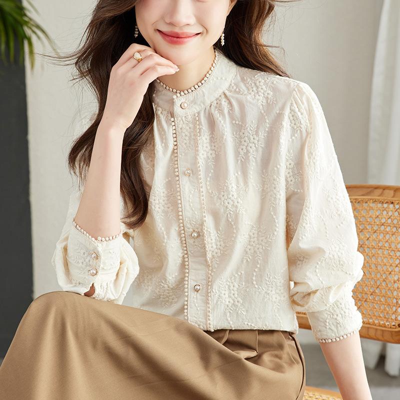 Apricot Blouse Womens Long-sleeved Spring Clothes Latest Pure Cotton Embroidered Top Pearl Button-up Collar Blouse