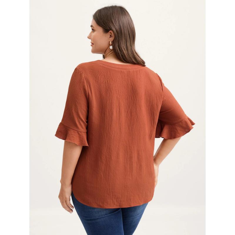 Women's Plus Size Cotton Blouse V Neck Ruffle Short Sleeve Pleated Button Front Loose Fit Comfortable Casual Tunic Shirt Top
