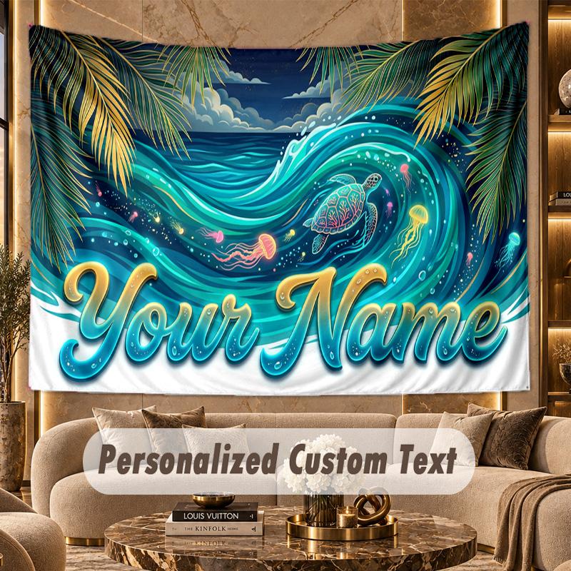 Octopus Sea Life (81) Theme Personalized Tapestry Custom Name Text Wall Hanging Tapestry Home Background Decoration