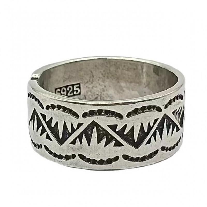 Handcrafted Navajo Style Sterling Adjustable Ring Men Women Geometric Tribal Design Vintage Statement Finger