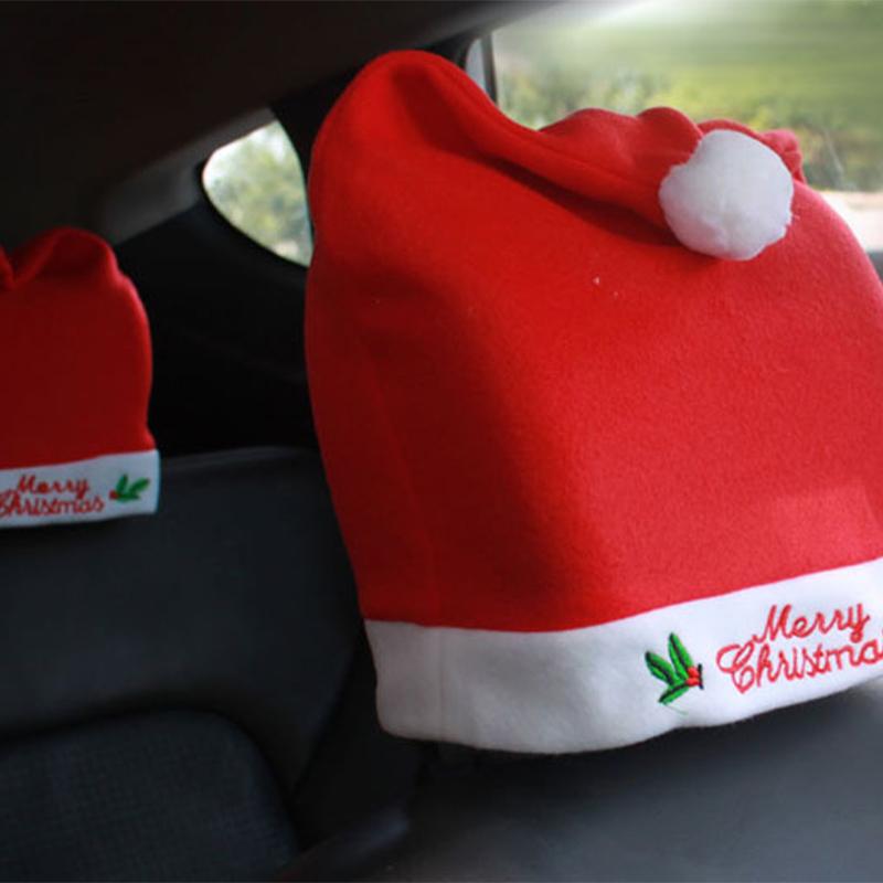 4Pcs Christmas Hat Car Headrest Dust Cover For New Year Car Decor All Inclusive Headrest Cover Seat Cap Universal Auto Interior