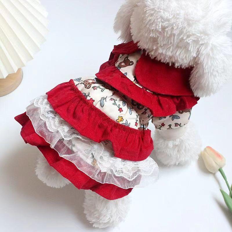 Dog Clothes Autumn and Winter Velvet Warm Double-layer Four-legged Small and Medium-sized Dog Red Lace Skirt Hairless Cat Princess Skirt