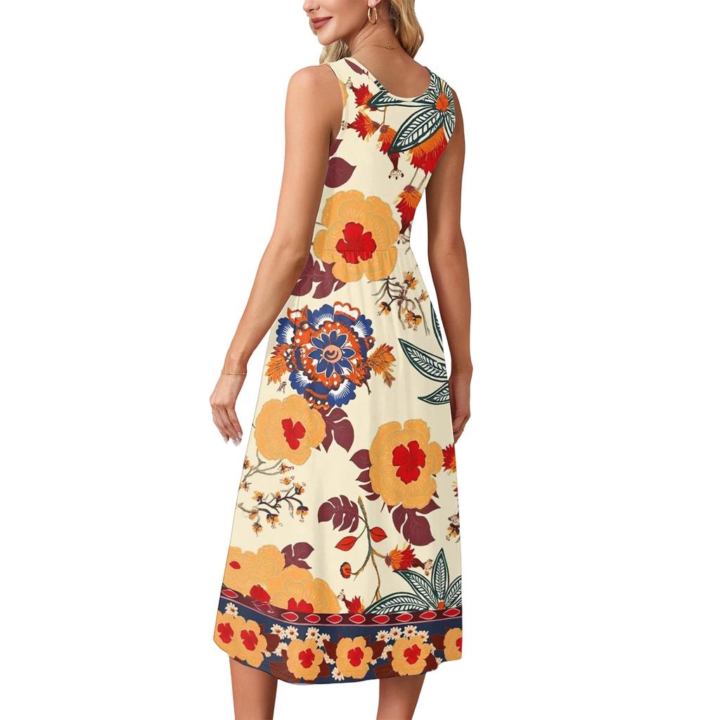 Maxi Abito da Donna Senza Maniche con Tasche Stampa Floreale Bohemien Vestibilità Larga Estivo Casual da Spiaggia Vestito Estivo Tessuto Leggero