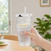 Ribbed Glass Cup with Lid And Straw, 600ml Large Capacity Iced Coffee Tumbler, Reusable Cold Drink Cup for Home Office Travel Use